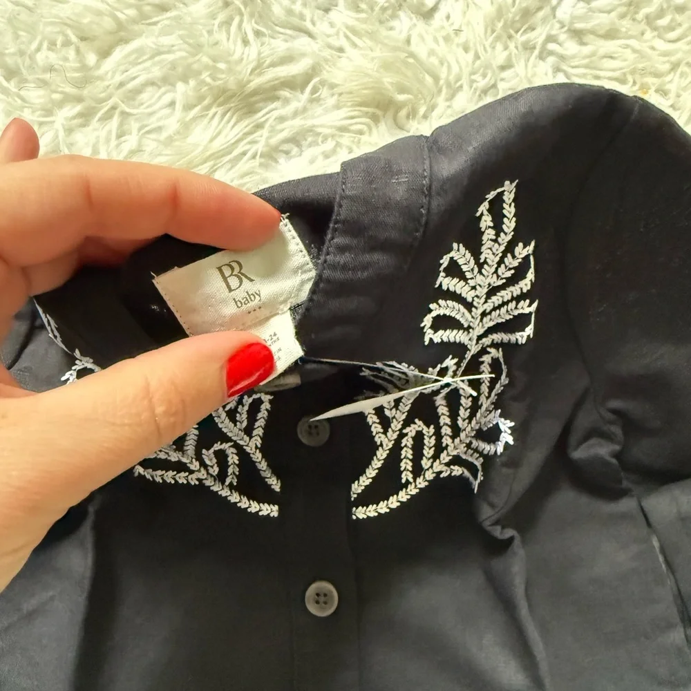 Black Button-Up Shirt with White Embroidery